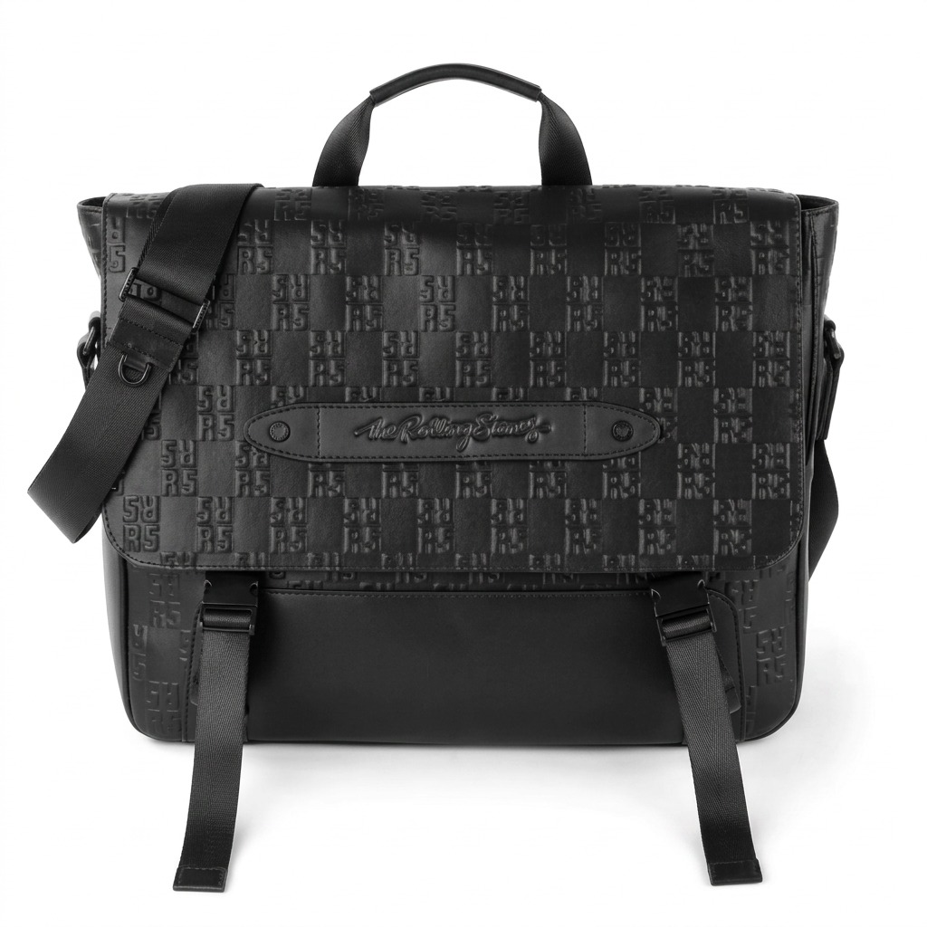 A high-resolution, centered view of the black Bugatti The Rolling Stones leather messenger bag on a white background. It features a unique all-over RS monogram pattern and buckle closures.