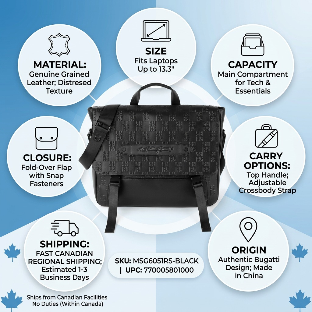 Bugatti Rolling Stones Messenger Bag Trust Infographic with Specs and Fast Canadian Shipping