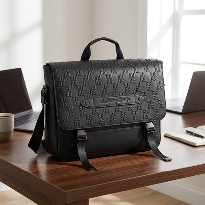 A lifestyle photo showing the Bugatti The Rolling Stones messenger bag on an desk.