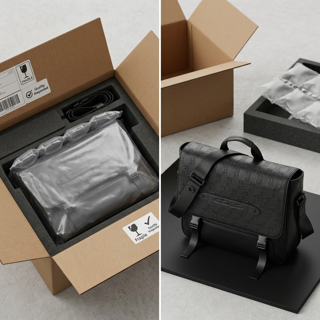 Two-panel visualization: a secure shipping box interior and the unwrapped Bugatti Rolling Stones bag.