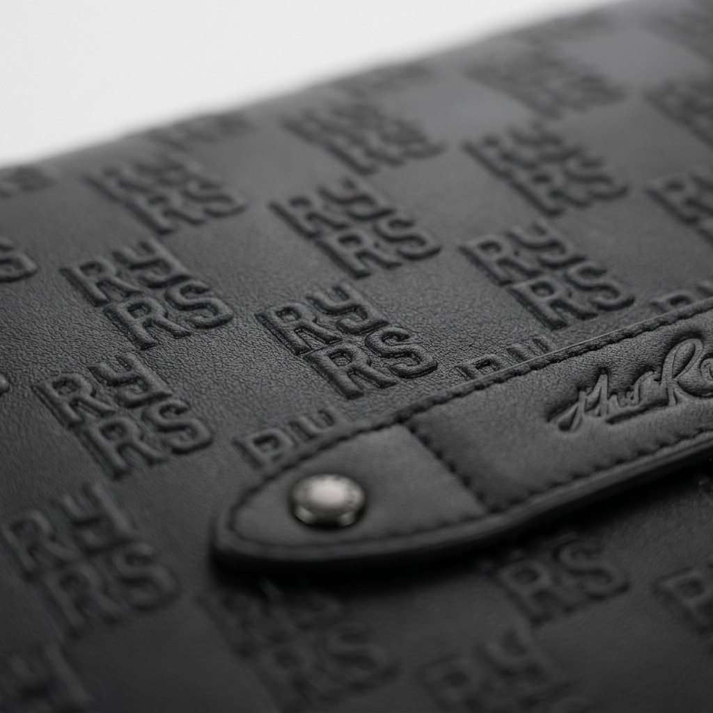 Extreme close-up of The Rolling Stones Paint It Black leather messenger bag's high-relief embossed 'RS' logo motif and signature brand plaque.