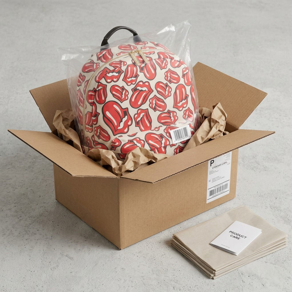 A premium unboxing scene shows Bugatti Rolling Stones backpack safely cocooned in protective shipping materials.