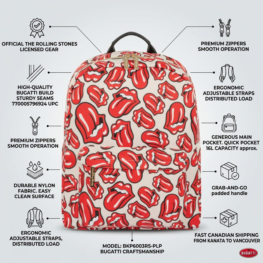 Infographic matrix detailing the features and official credentials of the specific Rolling Stones backpack shown, with quick Canadian shipping info.