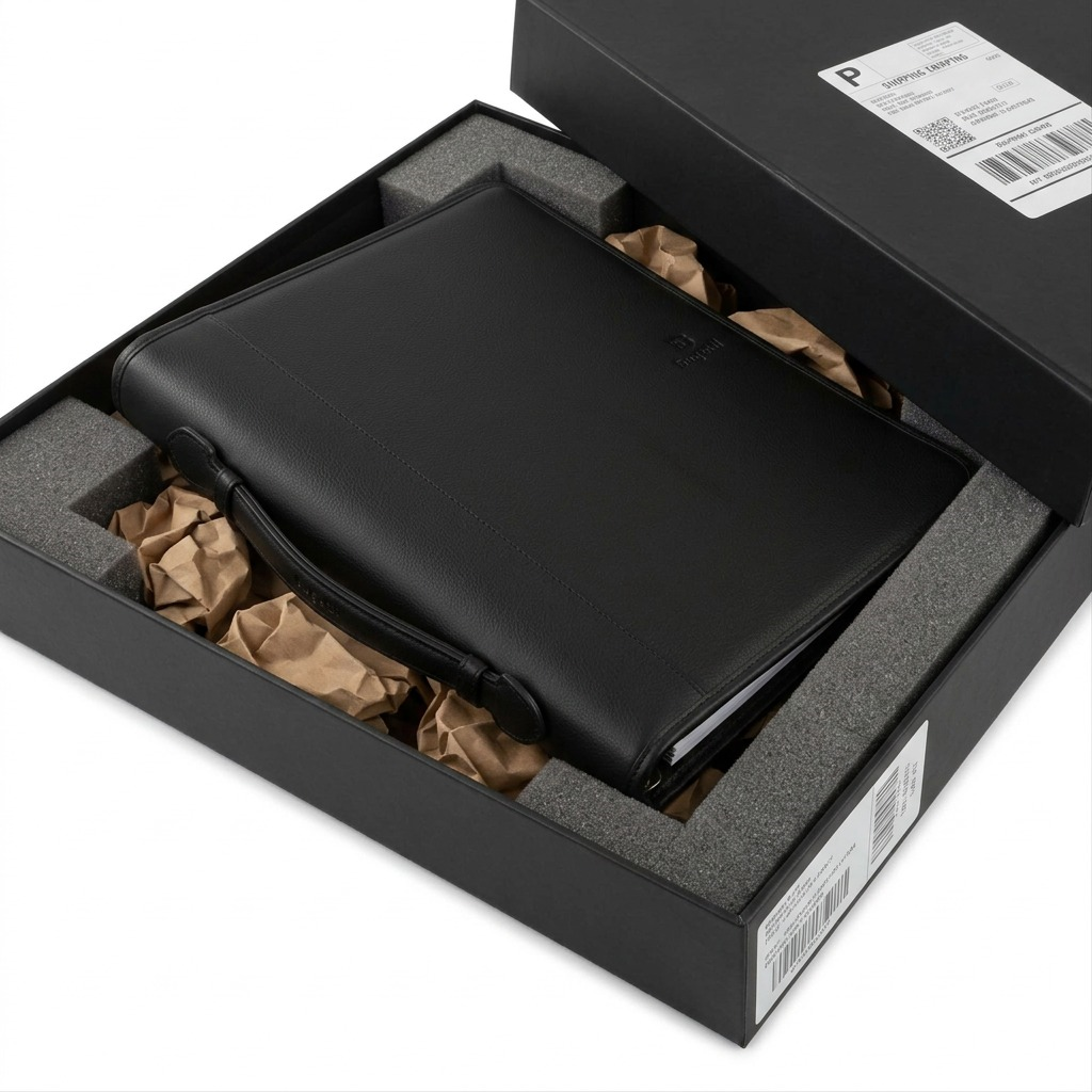 Opened Bugatti Business Binder resting in a black shipping box with supportive foam and void fill.