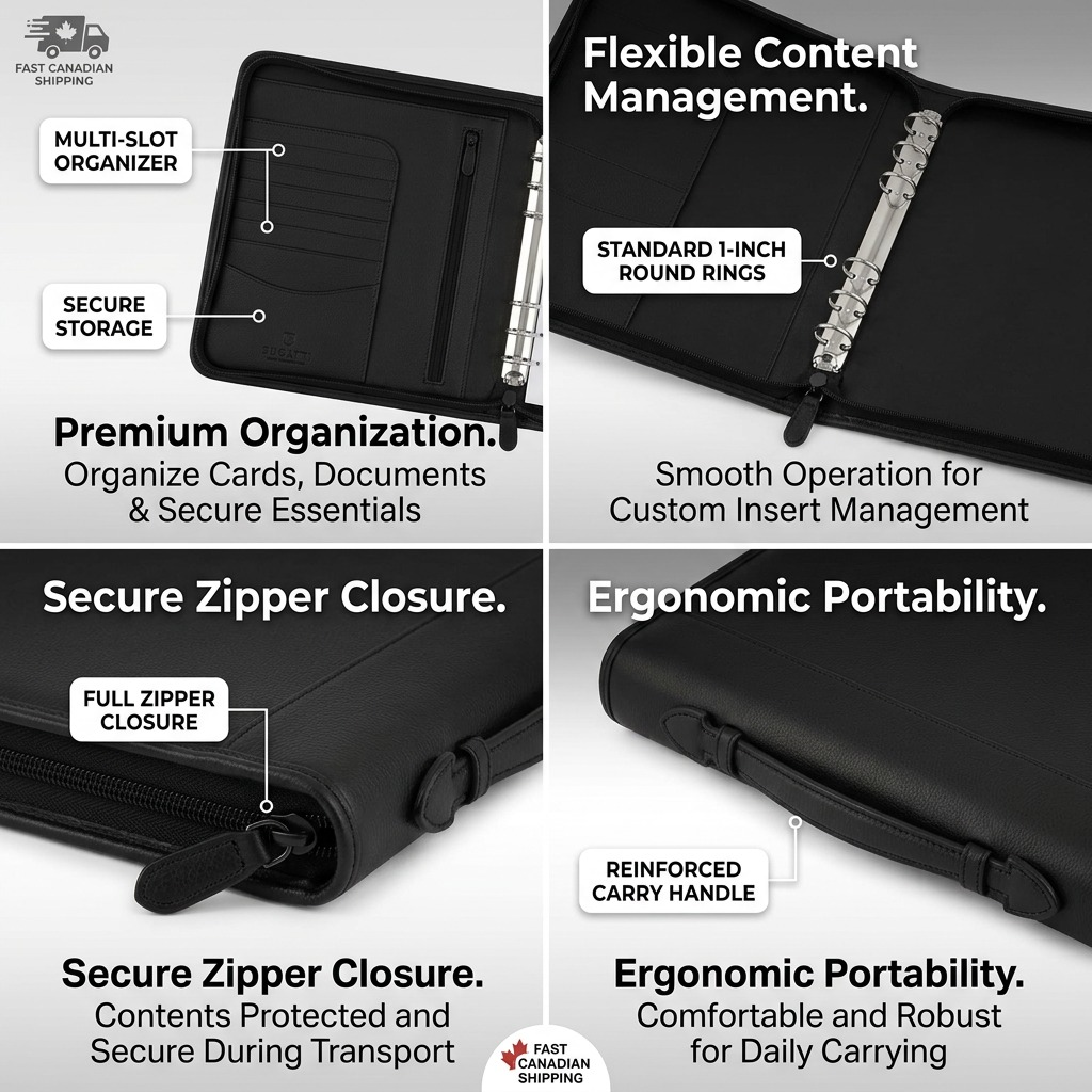 A four-quadrant matrix diagram with minimal labels, callouts, and benefit texts for the black leather Bugatti ring binder. Features: organizer slots, round rings, zipper closure, handle. All in a polished ecommerce style.