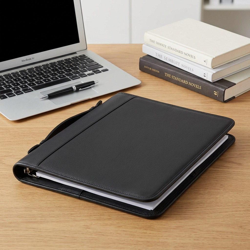 A photo of the black leather Bugatti binder open on a wooden desk next to an open 13-inch laptop.