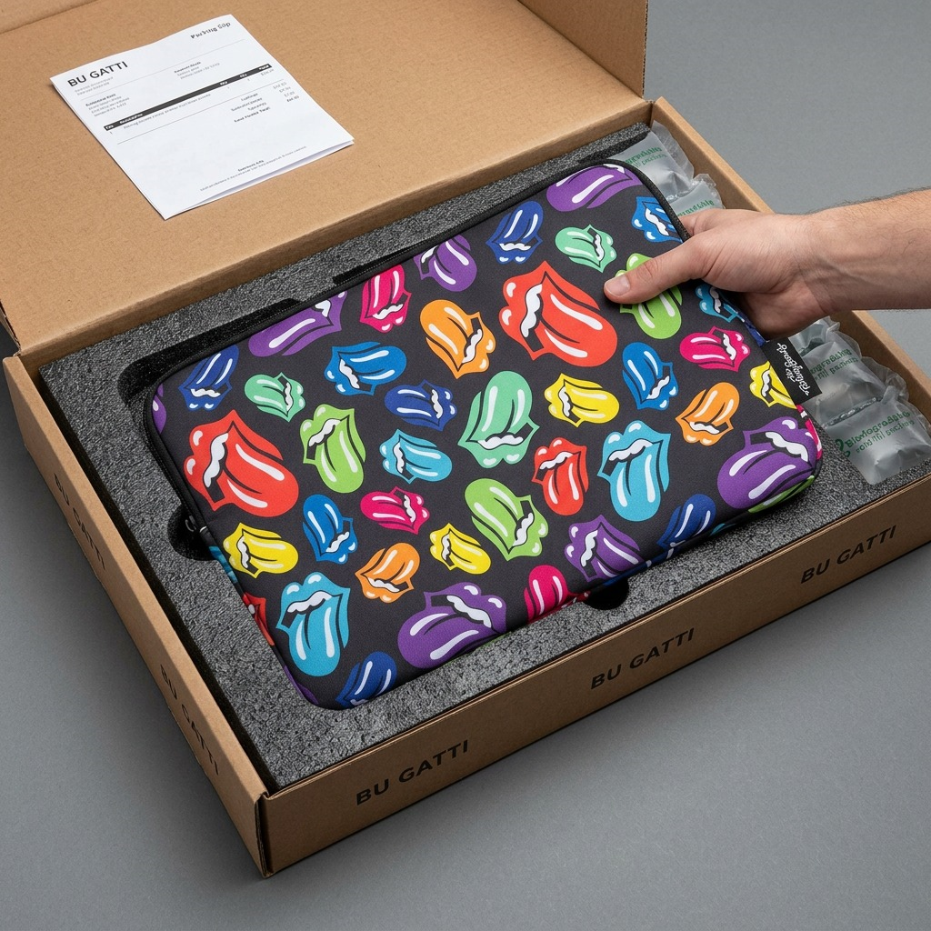 A hand removes a Rolling Stones laptop sleeve from protective foam in a cardboard box.