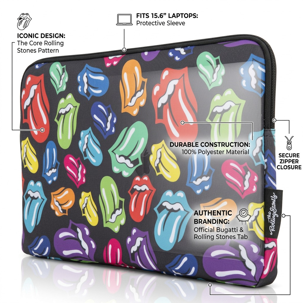 Visual feature callout infographic for The Rolling Stones 15.6" laptop sleeve by Bugatti.