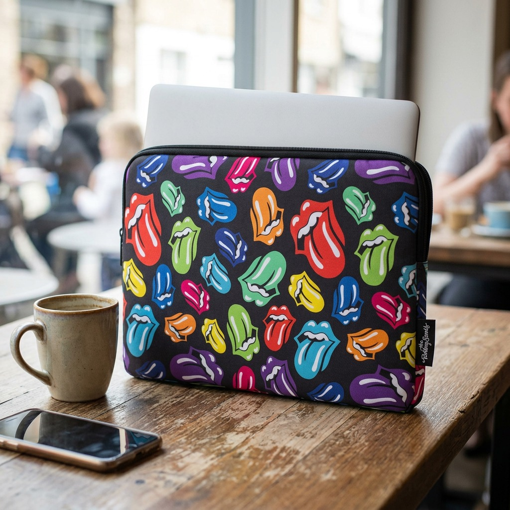 Laptop sleeve in a coffee shop setting on a wooden table.