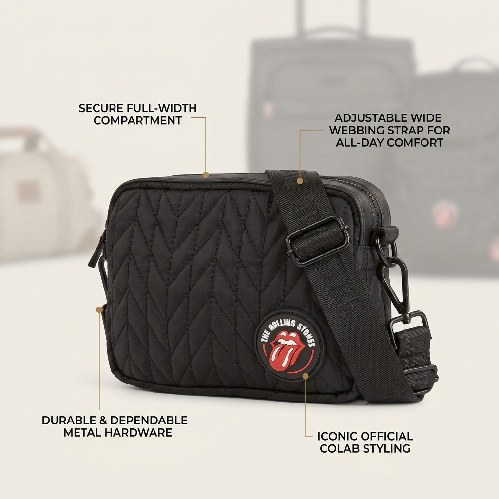 Bugatti Rolling Stones crossbody bag with feature callouts and sleek black nylon design.