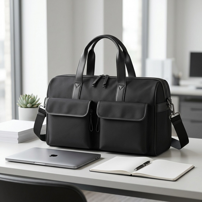 A professional lifestyle photo of the Bugatti Madison Duffle Bag on an office desk, showcasing its scale next to a familiar laptop and notepad, providing immediate visual context for dimensions and utility.