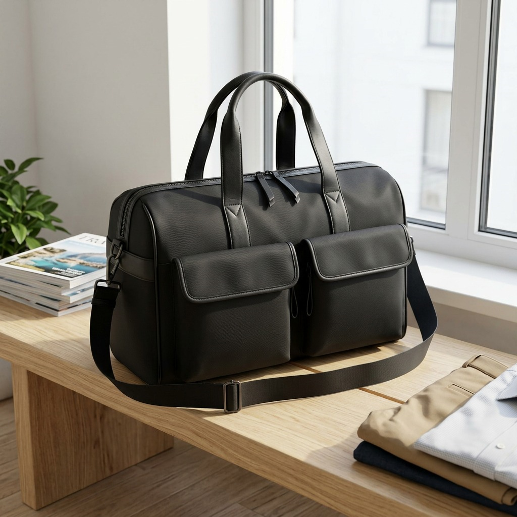 A black Bugatti Madison duffle bag on natural wood by a window, with a focused depth of field. (approx 100 char)