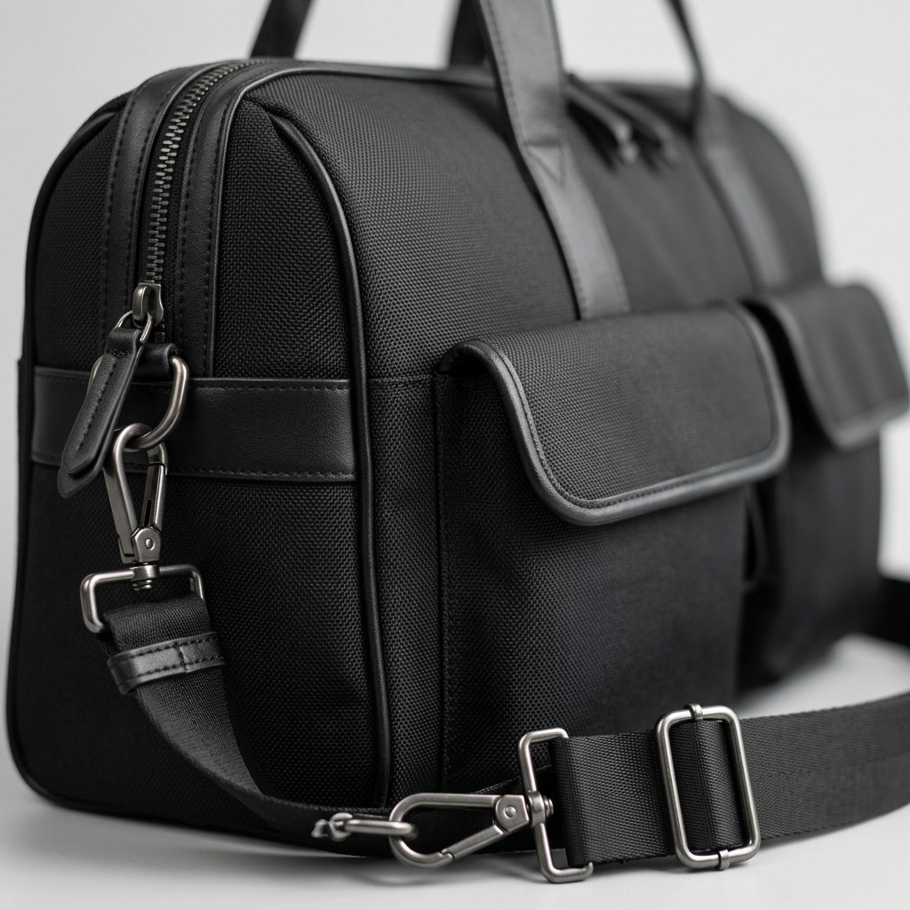 A macro photo details a Bugatti Madison bag corner, highlighting fabric texture, metal zippers, and buckles.