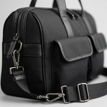 A macro photo details a Bugatti Madison bag corner, highlighting fabric texture, metal zippers, and buckles.