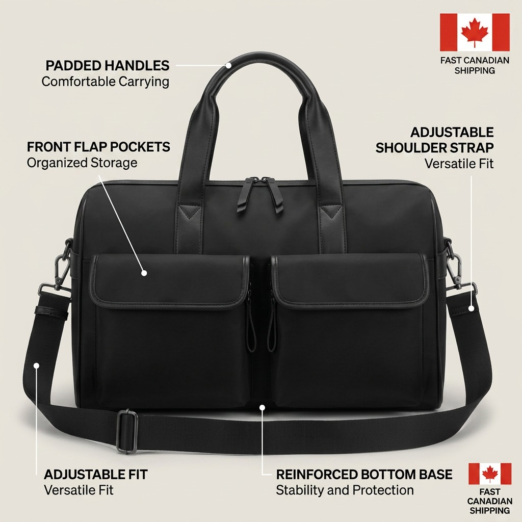 Bugatti Madison black duffle bag feature callout graphic with labels pointing to its parts and benefits.