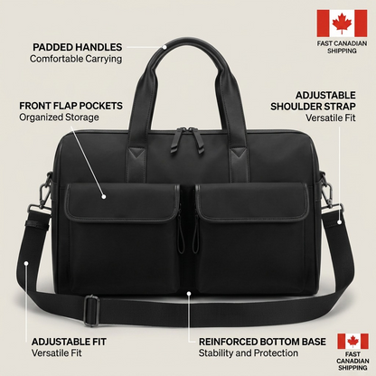 Bugatti Madison black duffle bag feature callout graphic with labels pointing to its parts and benefits.