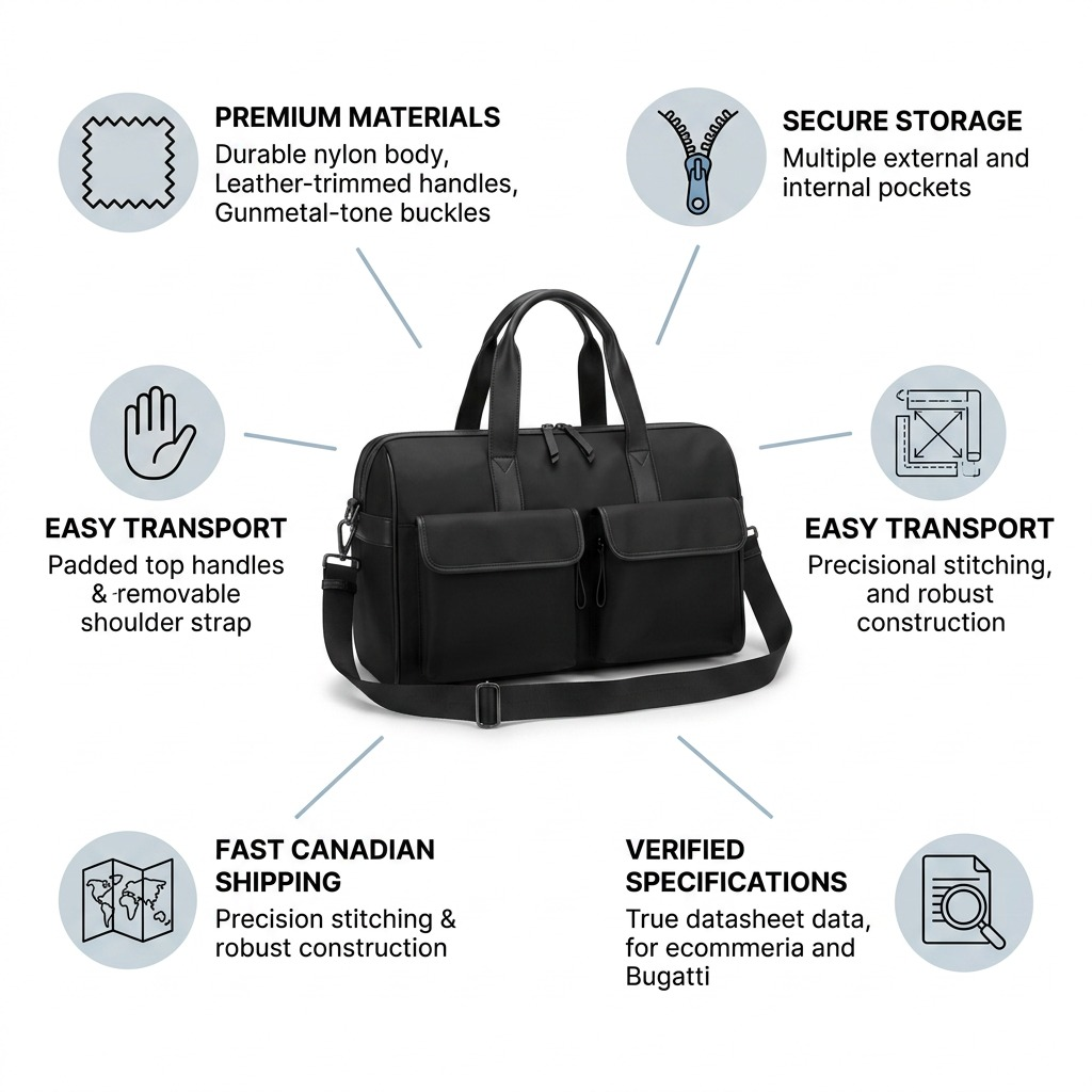 Ecommerce infographic for Bugatti Madison Duffle Bag showing trust facts and features in a matrix.