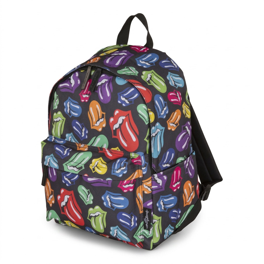 Pure hero shot of the Bugatti BKP6020RS Rolling Stones backpack, a multi-colored tongue logo pattern.