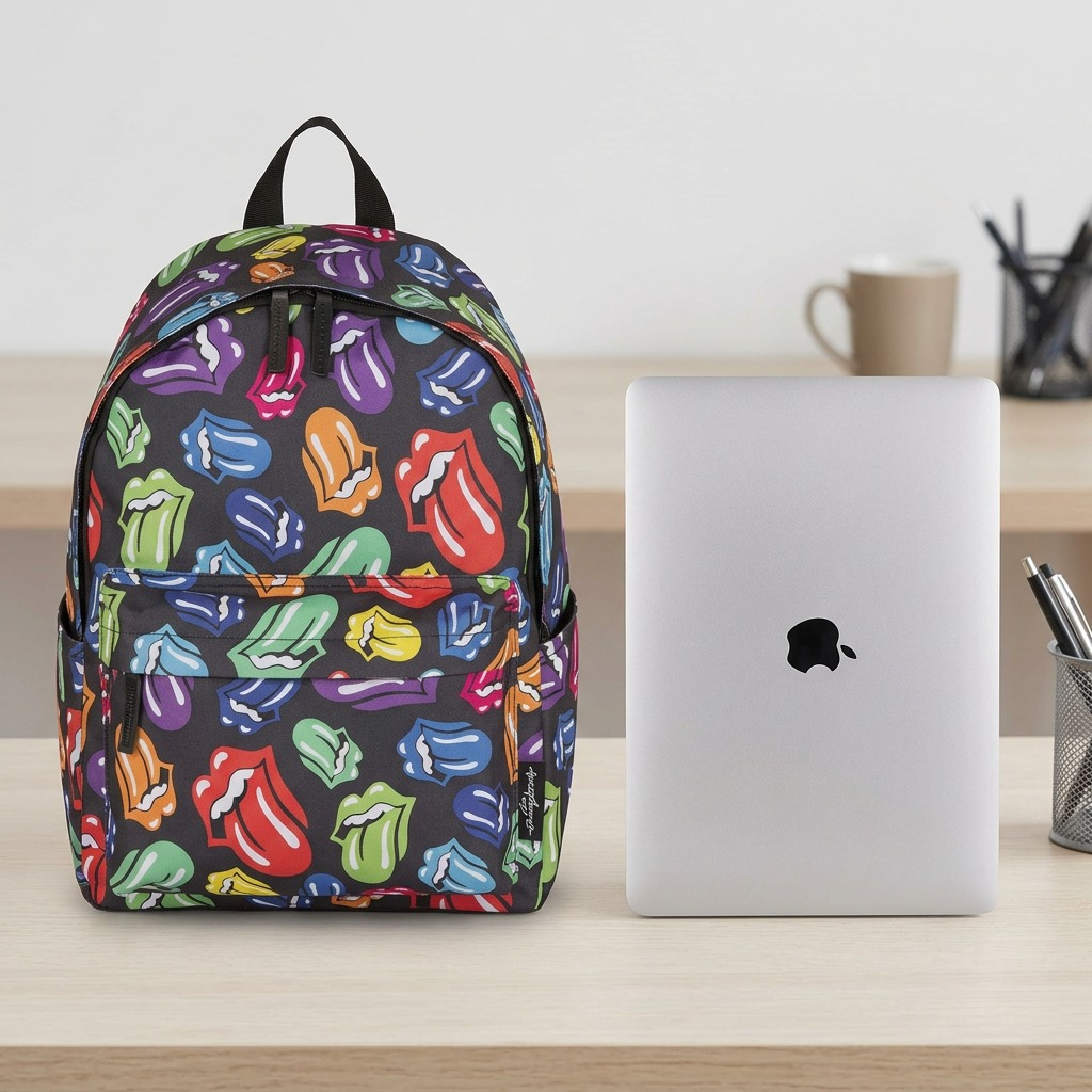 A photo-realistic image of the Rolling Stones patterned backpack placed next to a common laptop as a clear scale reference.