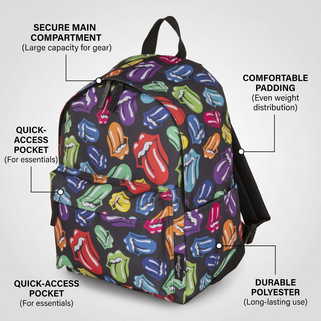 Bugatti Rolling Stones backpack featuring feature callouts for secure compartments, quick-access pockets, comfortable padding, and durable polyester.