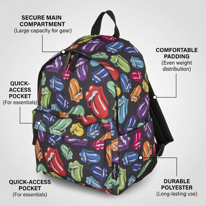 Bugatti Rolling Stones backpack featuring feature callouts for secure compartments, quick-access pockets, comfortable padding, and durable polyester.