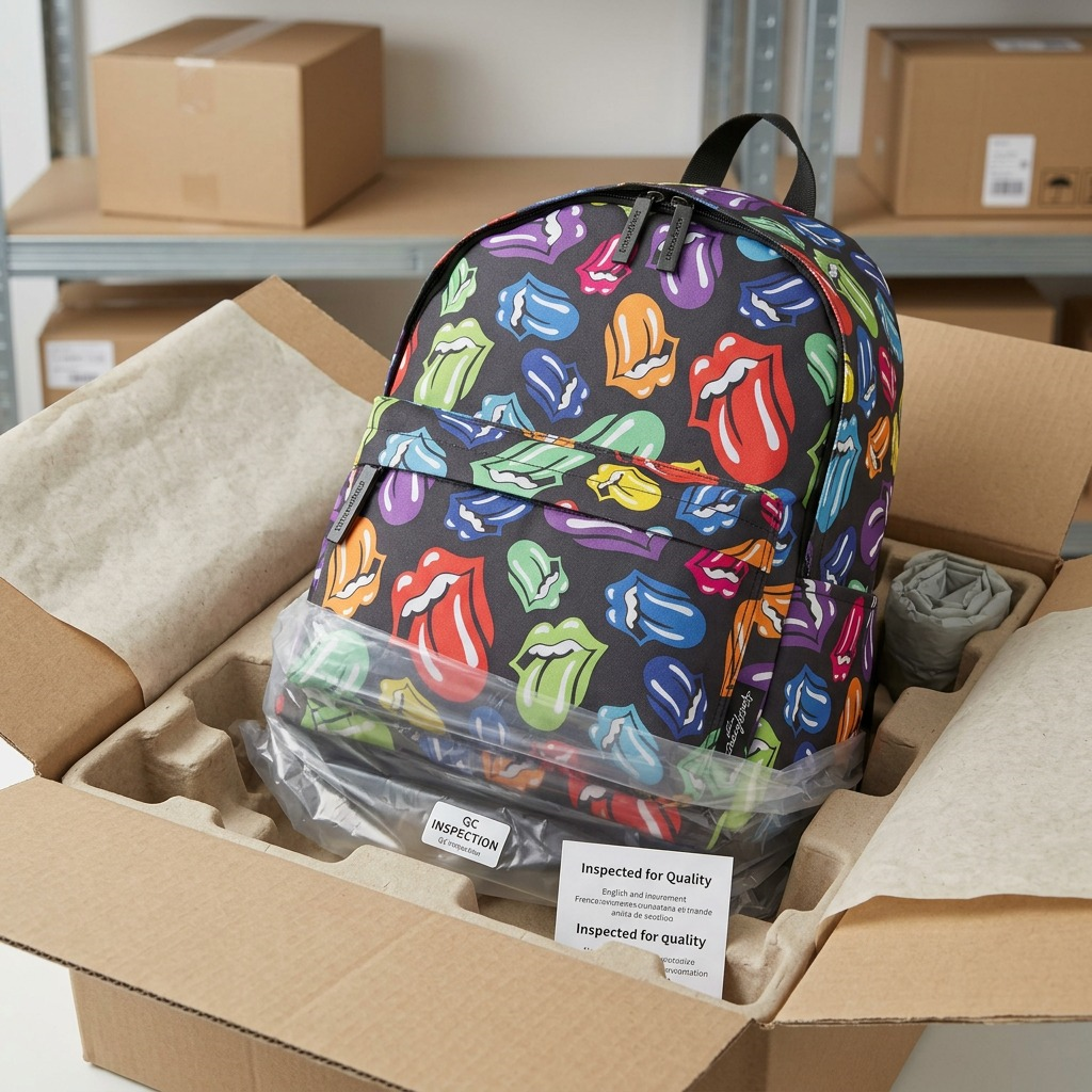 A premium unboxing scene shows the Rolling Stones backpack protected in clear polybag and custom dunnage.