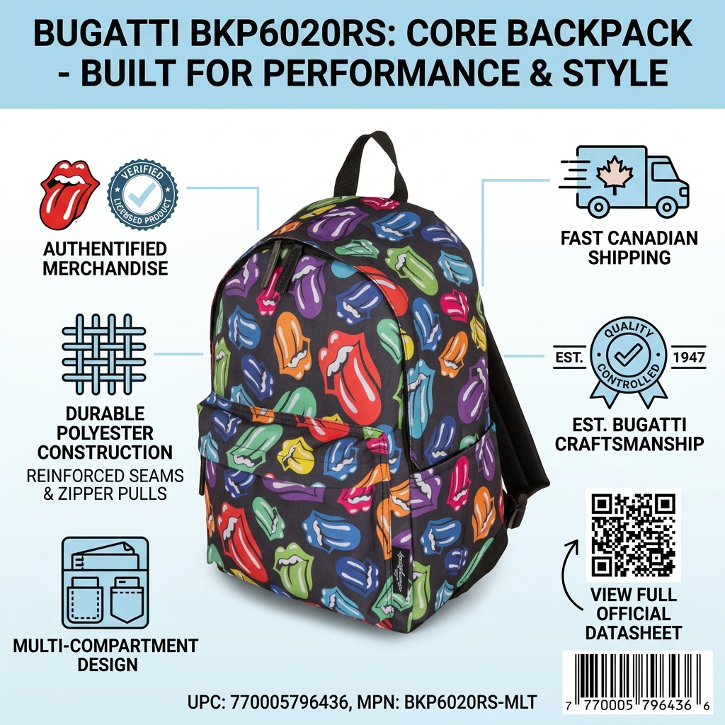 A clean ecommerce infographic for the Bugatti The Rolling Stones backpack, highlighting quality and origin.