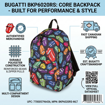 A clean ecommerce infographic for the Bugatti The Rolling Stones backpack, highlighting quality and origin.