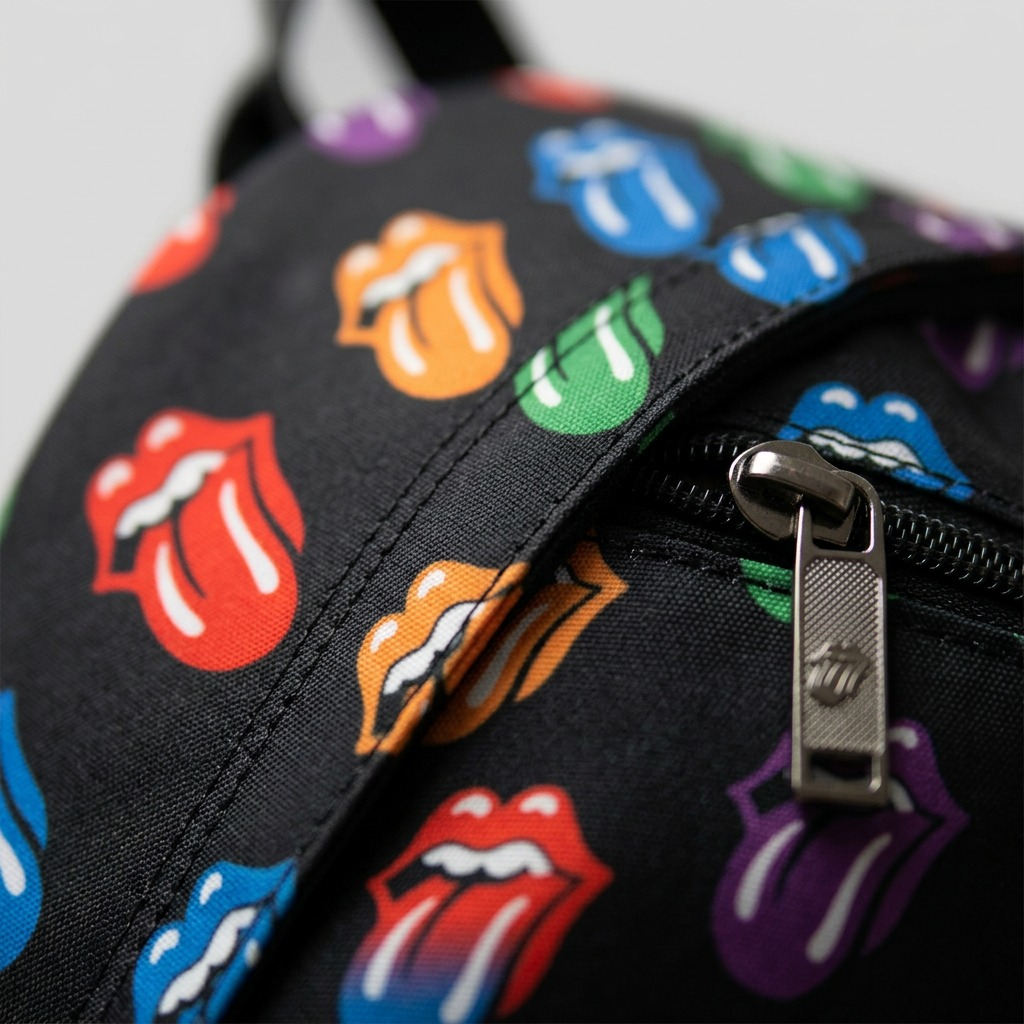 Close-up detail of the Rolling Stones logo print and a durable metal zipper pull on the Bugatti BKP6020RS-MLT backpack.