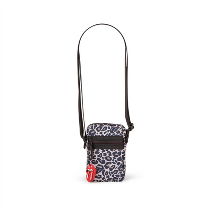 A high-resolution hero shot of the leopard print mobile crossbody case with the Rolling Stones logo charm.