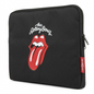 A high-resolution product shot of The Rolling Stones 15.6" laptop sleeve, centered on a pure white background. The black sleeve features the iconic red 'Tongue and Lip' logo and white script, with a small red tag on the side. The shot is well-lit with clean shadows.