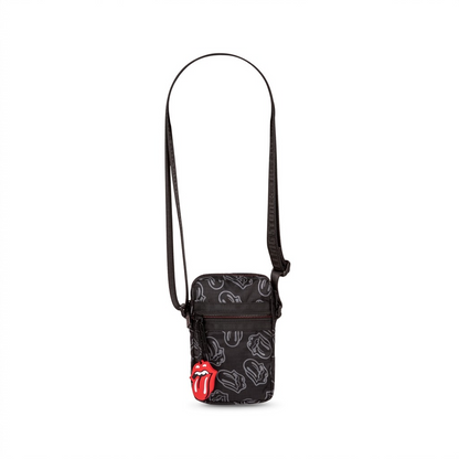 A high-resolution product shot of the black Bugatti x Rolling Stones mobile case against a pure white background. The small crossbody bag, made of grey-on-black logo-patterned ripstop polyester, features a prominent red tongue logo charm attached to the zipper pull. Full black shoulder strap included.