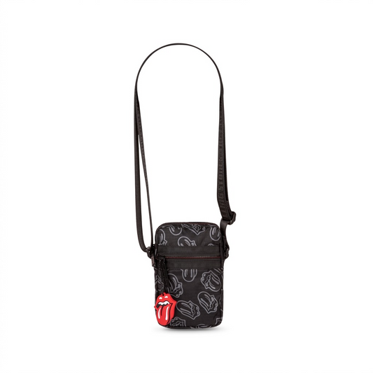 A high-resolution product shot of the black Bugatti x Rolling Stones mobile case against a pure white background. The small crossbody bag, made of grey-on-black logo-patterned ripstop polyester, features a prominent red tongue logo charm attached to the zipper pull. Full black shoulder strap included.