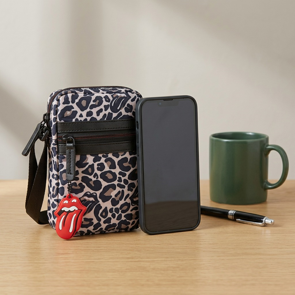 Scale reference photo for Bugatti MOB6009RS mobile case, shown alongside a standard smartphone and pen.