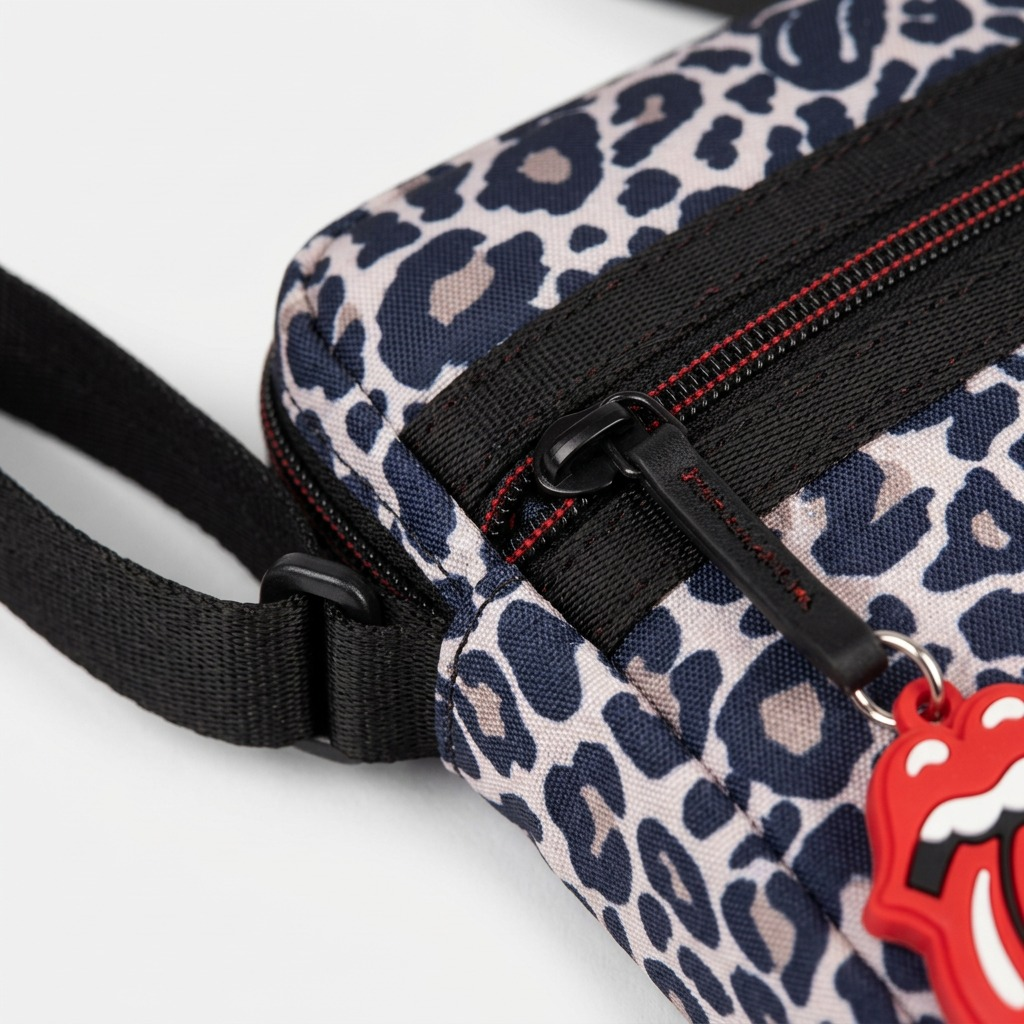 Detailed macro view of the Bugatti Rolling Stones bag zipper, ripstop fabric, and red loop detail.