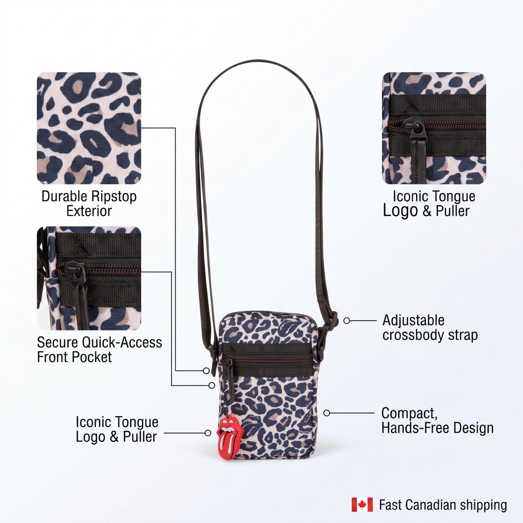 A refined ecommerce graphic for the Bugatti MOB6009RS mobile case, featuring 6 feature callout labels with brief benefit text: Durable Ripstop Exterior, Secure Quick-Access Front Pocket, Iconic Tongue Logo & Puller (x2), Adjustable crossbody strap, Compact, Hands-Free Design. Includes iconic Rolling Stones branding.<ctrl46>