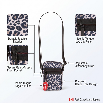 A refined ecommerce graphic for the Bugatti MOB6009RS mobile case, featuring 6 feature callout labels with brief benefit text: Durable Ripstop Exterior, Secure Quick-Access Front Pocket, Iconic Tongue Logo & Puller (x2), Adjustable crossbody strap, Compact, Hands-Free Design. Includes iconic Rolling Stones branding.<ctrl46>