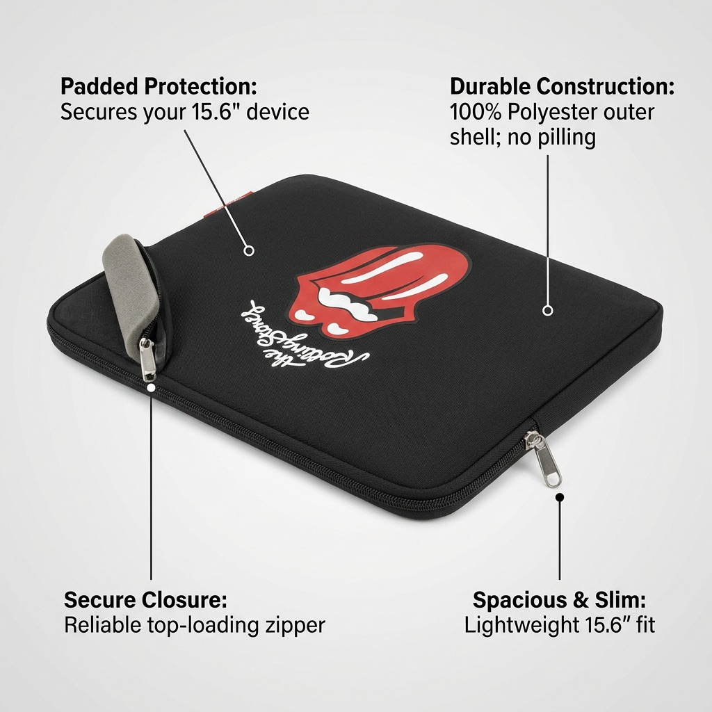 Feature callout graphic of the Bugatti The Rolling Stones laptop sleeve, showcasing material and padded protective features.