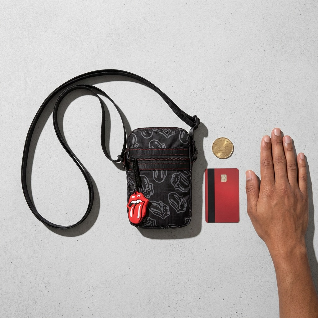 Mobile case shown with a 16-inch MacBook Pro and a hand with a credit card for scale.