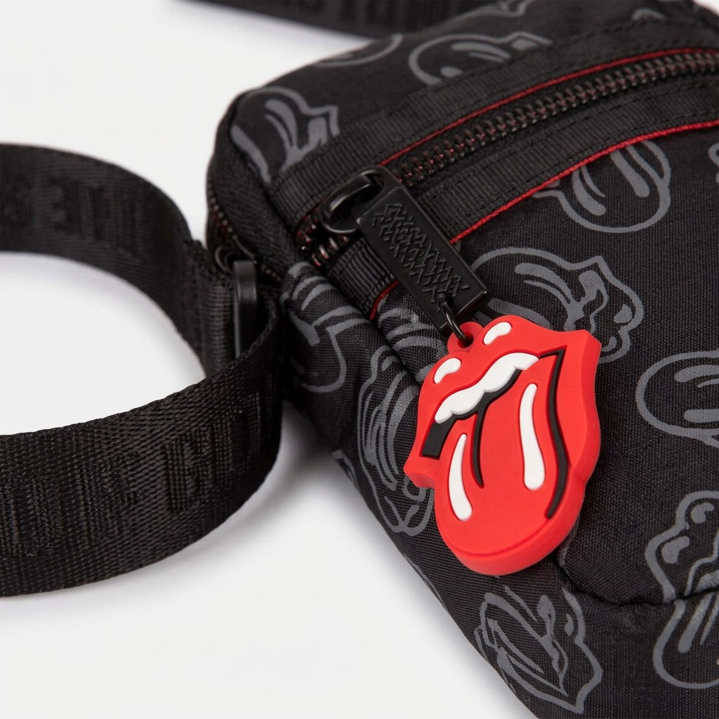 Macro detail of ripstop fabric and Rolling Stones logo charm.