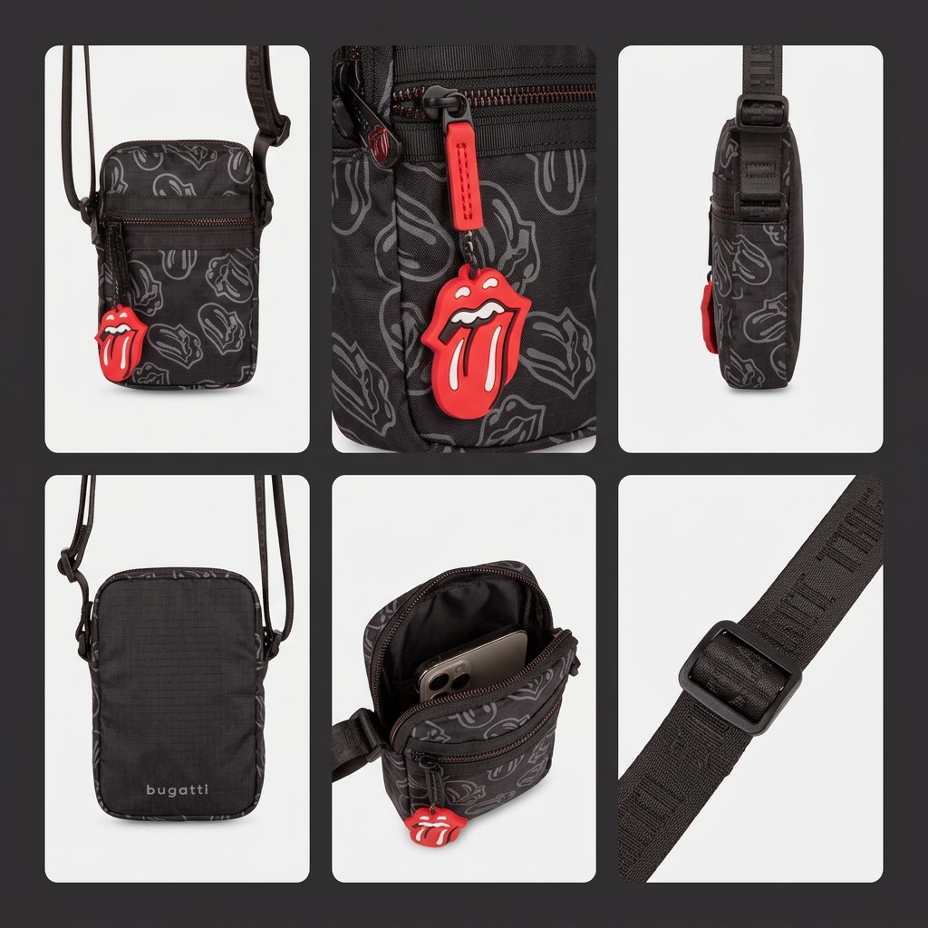 A 3x2 matrix showing varied angles and details of the Bugatti Rolling Stones mobile case.