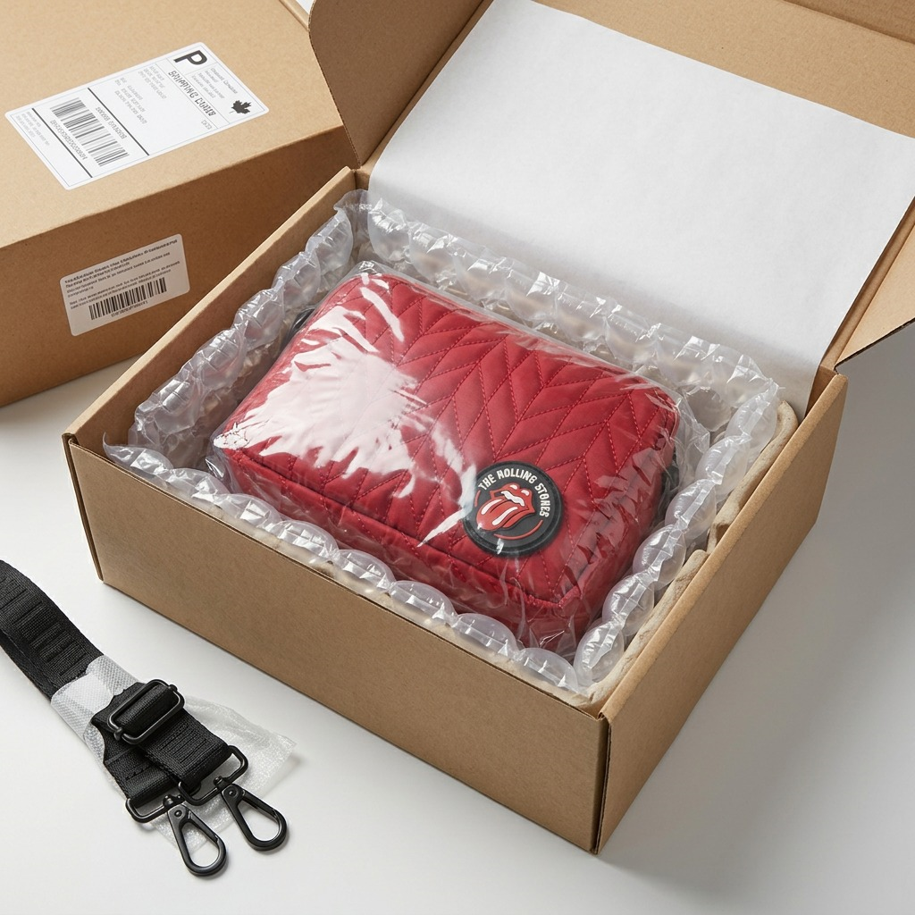 Red Rolling Stones quilted crossbody bag securely packed with bubble wrap in a shipping box, featuring a Canadian shipping label.
