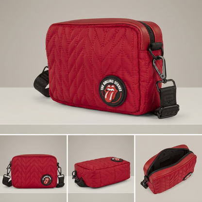 A product comparison image grid displaying three identical red quilted Rolling Stones crossbody bags from different angles. Each bag features the iconic tongue and lip logo patch and black hardware, showcased against a clean, premium background with subtle brand coloring.