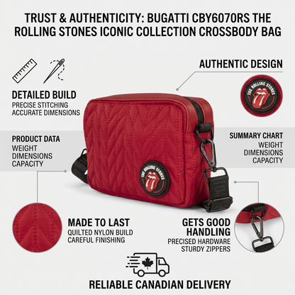 A trust matrix infographic outlining the features and genuine build of the Bugatti Rolling Stones quilted bag.