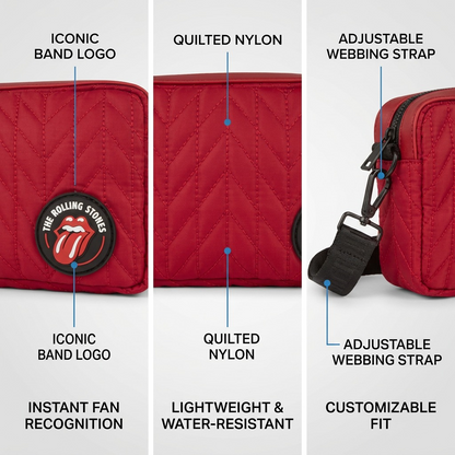 Operational feature callouts for the red Rolling Stones bag, highlighting logo, nylon, and strap.