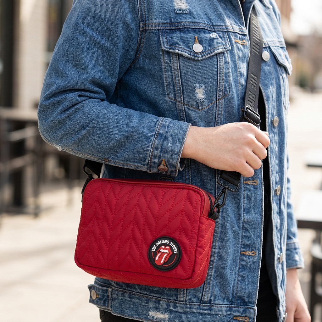 A close-up shot of the The Rolling Stones collection red quilted nylon crossbody bag, styled on the side of a worn denim jacket over a neutral concrete floor, emphasizing its fabric and detail.
