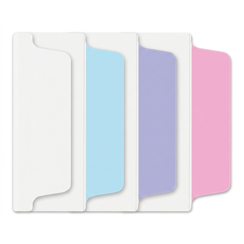 A high-resolution photograph of individual Avery UltraTabs in pastel blue, lavender, and pink, plus one all-white tab, neatly arranged against a pure white background. Each tab has a clear two-sided writeable area from the source material and is shown to realistic scale with sharp edges and realistic lighting. All packaging and text have been removed.
