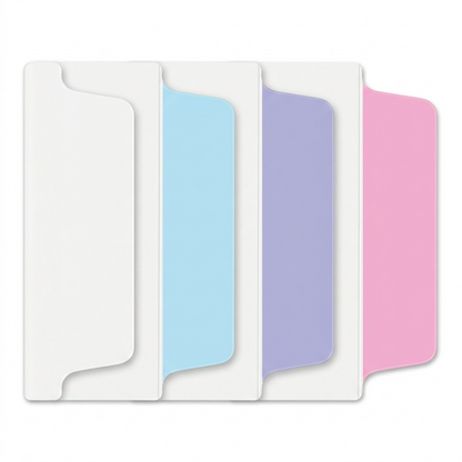 A high-resolution photograph of individual Avery UltraTabs in pastel blue, lavender, and pink, plus one all-white tab, neatly arranged against a pure white background. Each tab has a clear two-sided writeable area from the source material and is shown to realistic scale with sharp edges and realistic lighting. All packaging and text have been removed.