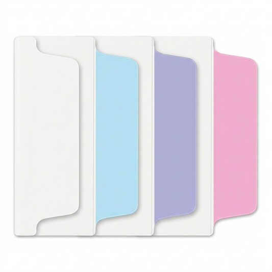 A high-resolution photograph of individual Avery UltraTabs in pastel blue, lavender, and pink, plus one all-white tab, neatly arranged against a pure white background. Each tab has a clear two-sided writeable area from the source material and is shown to realistic scale with sharp edges and realistic lighting. All packaging and text have been removed.