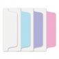 A high-resolution photograph of individual Avery UltraTabs in pastel blue, lavender, and pink, plus one all-white tab, neatly arranged against a pure white background. Each tab has a clear two-sided writeable area from the source material and is shown to realistic scale with sharp edges and realistic lighting. All packaging and text have been removed.